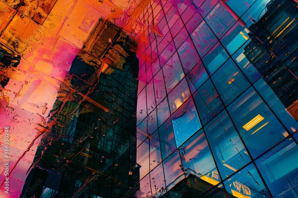 Poster building depicted with vibrant reflections in abstract style, deep sadness and loss reflected in the