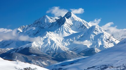 Naklejka premium An imposing, snow-capped mountain stands prominently against a backdrop of clear blue skies, signaling the profound beauty, strength, and serene majesty of untouched nature.