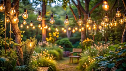 A magical garden scene illuminated by string lights, enchanted, romantic, whimsical, atmospheric, serene, charming
