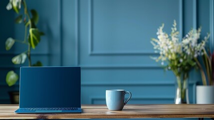 back to school vibes a blue laptop and coffee mug on a desk in a classroom setting, captured against a blue backdrop