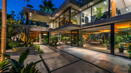 Obraz premium Modern home in Los Angeles, concrete and glass house with lush landscaping. Interior shot of modern entrance at night with orange accent lighting. Courtyard with plants, large wind