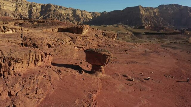 Aerial video above The 'mushroom' sandstone formation, Timna Park, Israel