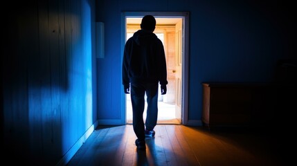 Mysterious silhouette in eerie hallway with blue light, creating a suspenseful atmosphere.