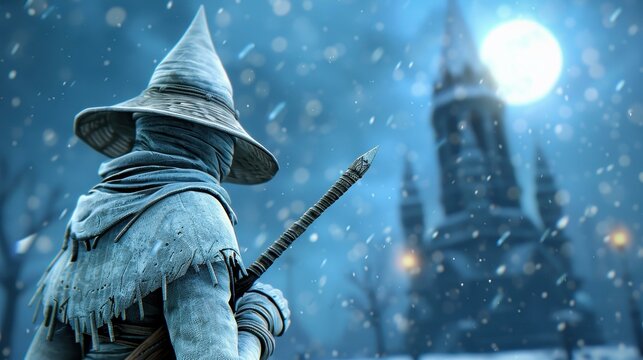 Powerful witch hunter in pointed hat wields ice rapier against moonlit cathedral backdrop in stunning 3D rendering.