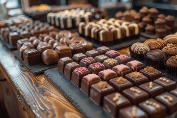 Obraz premium A table filled with assorted chocolates in various shapes, including hearts, stars, and squares