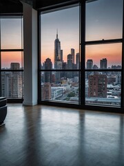 Unfurnished modern loft office showcasing panoramic city skyline through glass windows