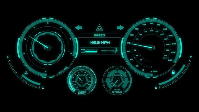 speed meter animated HUD element on a black background, speed dials, speedometer