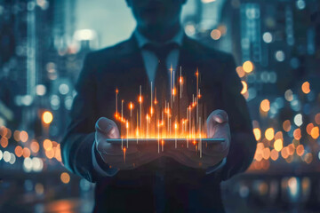 Businessman with futuristic tablet in night cityscape showcasing technology and innovation