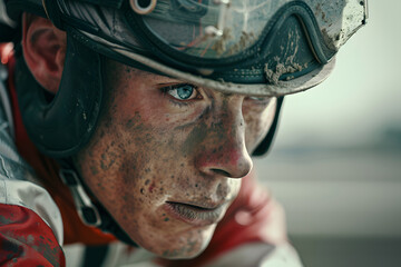 Jockey with muddy face in deep focus