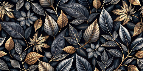A sophisticated wallpaper design featuring an array of black and gold leaves on a dark background. The leaves are intricately detailed, giving a luxurious and elegant feel