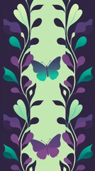 Vertical wallpaper design: two butterflies with green and purple wings in leafy vine background of green and purple leaves on light green backdrop