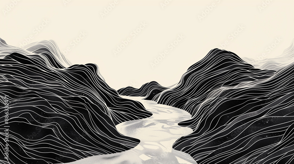 Poster a minimalist illustration with dynamic, intertwining lines capturing the fluidity of cascading water
