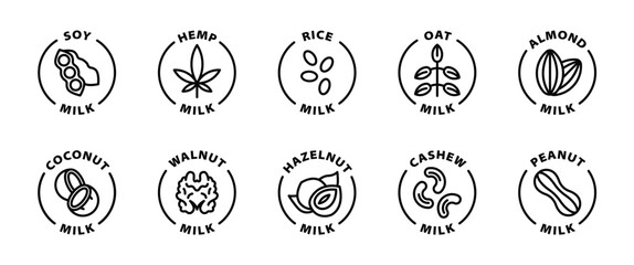 soy hemp rice oat almond coconut walnut hazelnut cashew peanut milk black outline icon label isolated on transparent background