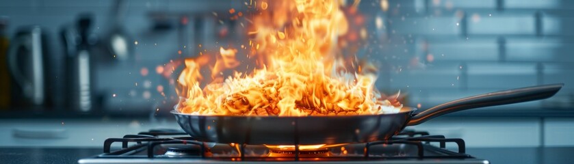 Fototapeta premium A fiery kitchen accident with flames engulfing a pan on the stove.