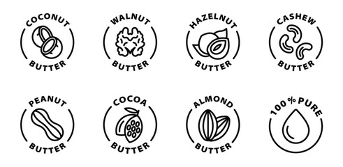 vegan butter icon set coconut walnut hazelnut cashew peanut cocoa almond butter pure black outline icon round rounded circle badge stamp label isolated on transparent background