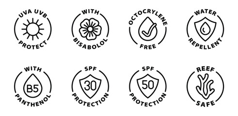 sun protection icon set uva uvb spf black outline icon round rounded circle badge stamp label isolated on transparent background