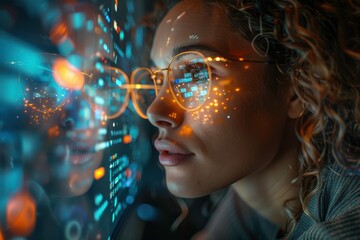 Close-up of a woman focusing on a digital screen, with reflections on her glasses showcasing technology and innovation.