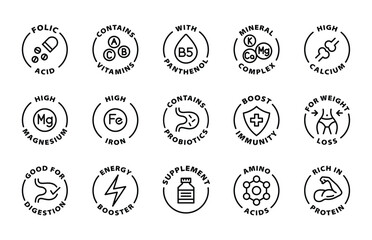 nutritional supplement vitamin mineral probiotics black outline icon round rounded circle badge stamp label isolated on transparent background