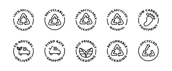 recycling recycled recyclable returnable packaging upcycled fixed rate shipping black outline icon round rounded circle badge stamp label isolated on transparent background
