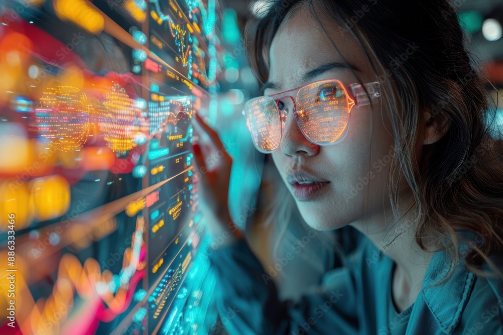 Poster woman analyzing data on futuristic digital screen, engaged in technology and analytics with focus an