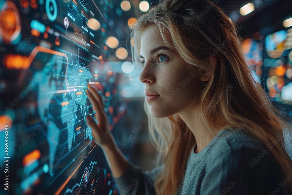 Poster young woman interacting with a futuristic digital interface, exploring high-tech innovation and data
