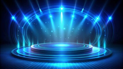 Futuristic holographic platform with neon blue circles and beams on a dark backdrop, featuring a realistic  of a stage