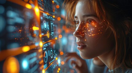 Young woman interacts with futuristic digital interface, exploring advanced technology and data visualization in a sci-fi setting.