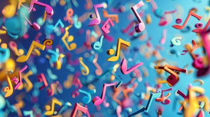 A colorful image of musical notes scattered in the air