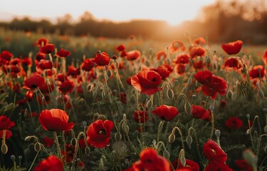 Obraz premium Poppy Field Sunset Golden Hour Bokeh