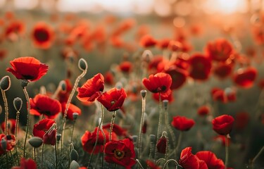 Obraz premium Poppy Field at Golden Hour with Bokeh