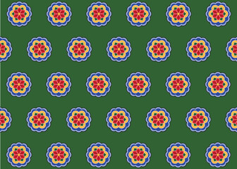 Dancheong, traditional Korean floral pattern on green background.
