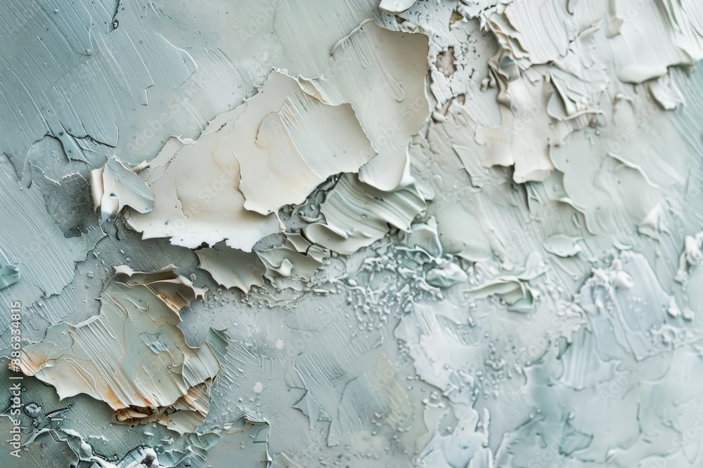 Poster close up of a painting showing layers of peeling paint, delicate layers of paint build up to form a 