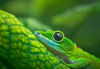 Fototapeta premium Vibrant Green Gecko On Leaf, National Geographic Style