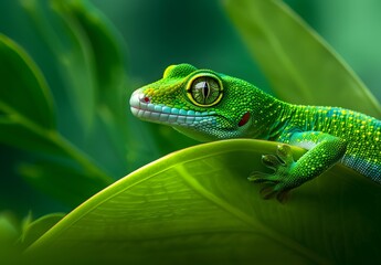 Fototapeta premium Vibrant Green Gecko on Leaf, National Geographic Style