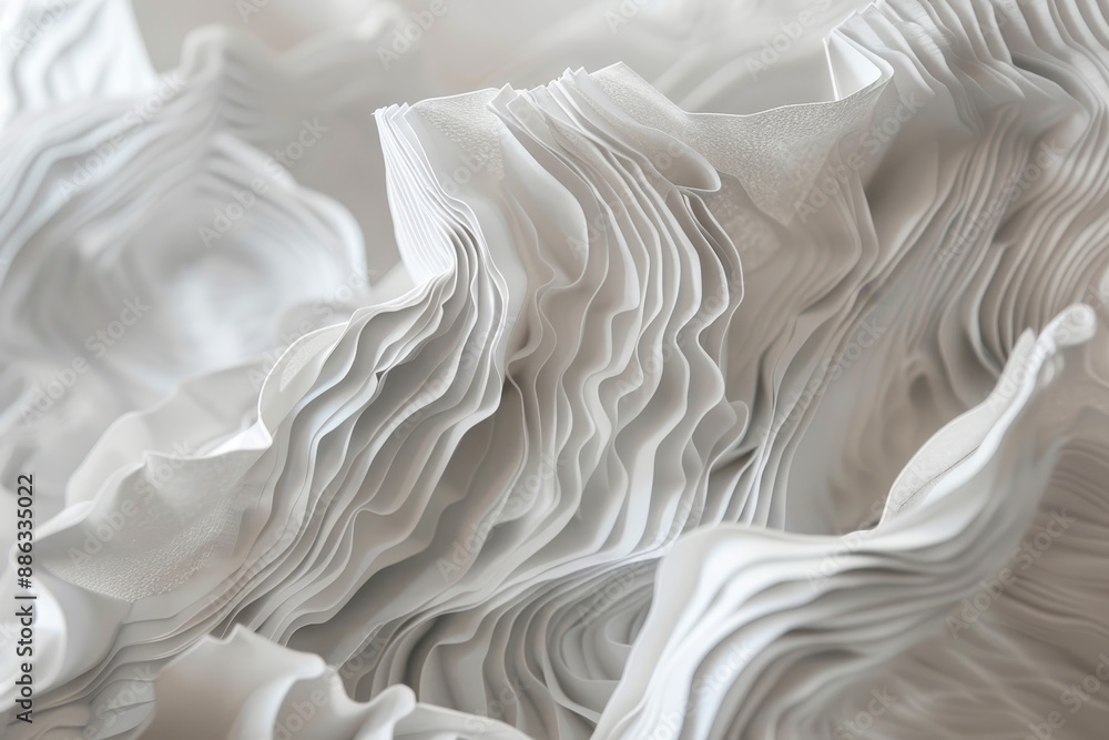 Poster detailed view of a white paper sculpture showing delicate lines and creases, adding depth and charac