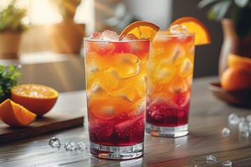 A tequila sunrise cocktail in a tall glass, with grenadine creating a gradient effect, topped with an orange slice.