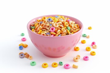 Colorful 3D Illustration of a Bowl of Cereal with Milk, Breakfast Element, Vibrant Colors on White Background