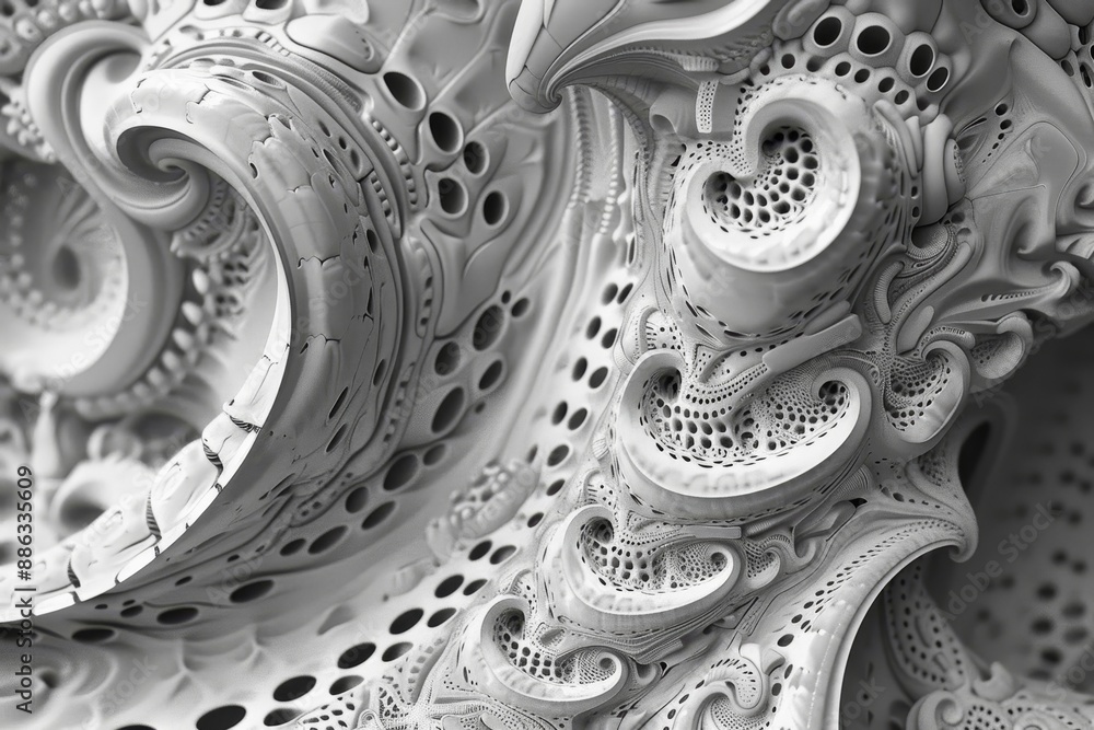 Poster detailed black and white sculpture showcasing intricate patterns and textures, delicate patterns and
