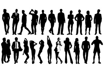Silhouettes of men and women, a large set of silhouettes in different standing poses, man, woman, person, adult, businessman, male, young man, female, group of people, business woman, figure, suit, co