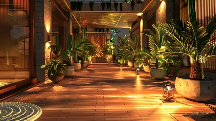 A detailed 3D illustration of an urban patio with luxurious teak wood flooring, surrounded by potted plants and ambient lighting, creating a serene outdoor oasis.