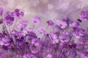 Abundant purple flowers fill a vibrant field against a purple backdrop, Delicate purple flowers blooming across the canvas