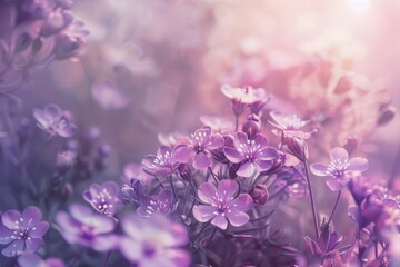 Purple wildflowers in a field, bathed in light, Delicate purple flowers blooming across the canvas