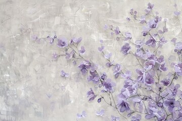 A painting featuring delicate purple flowers blooming on a white canvas, Delicate purple flowers blooming across the canvas