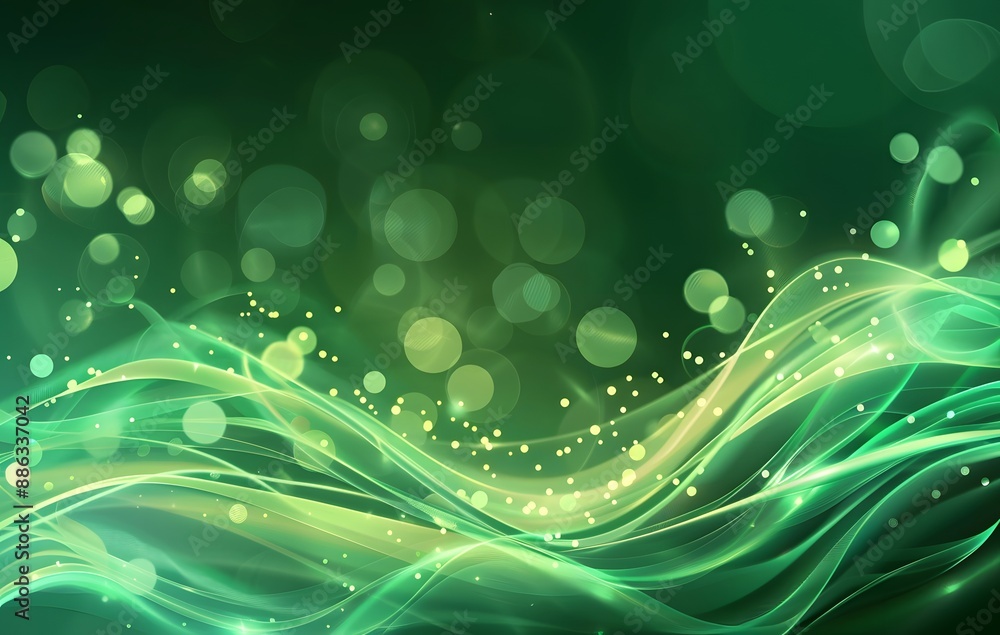 Wall mural abstract green background with bokeh lights and waves