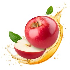 apple Fruit with half slices and juice falling in the air isolated on white background