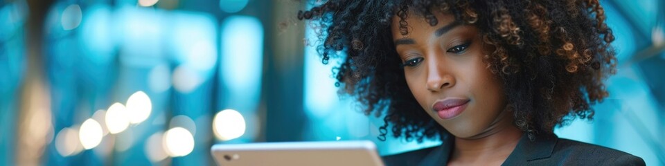 Business Lady: Attractive African American Woman Using Digital Tablet in Modern Technology Background