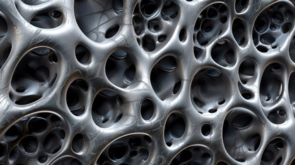 An abstract organic pattern consisting of various interlocking round and oval shapes in metallic gray and silver tones. Cellular design creates a sense of depth and texture.