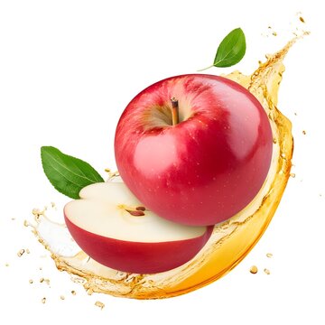 apple Fruit with half slices and juice falling in the air isolated on white background