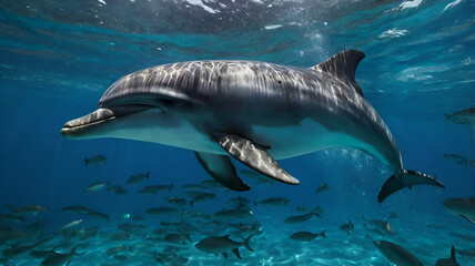 Fototapeta premium dolphin swimming underwater under sea life, sea animals 