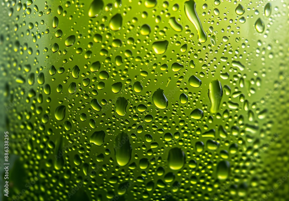 Wall mural Close-Up Water Drops on Green Glass Background